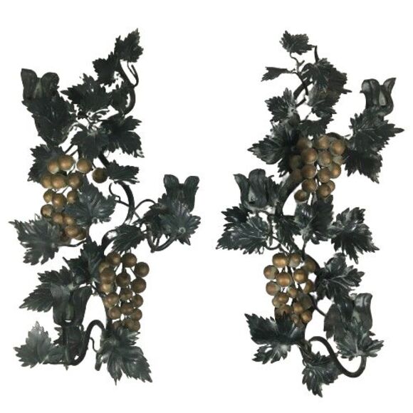 Pair Vtg ITALIAN TOLE Metal Candle WALL SCONCE GRAPES LEAVES VINES Candle Holder - Picture 1 of 16